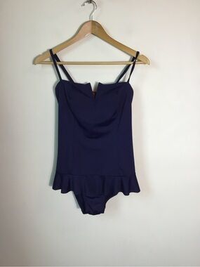 Spanx Navy V-Wire Ruffle Swim Dress Bathing Suit
